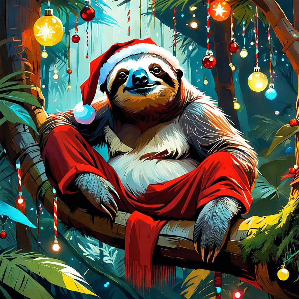 Sloth in Santa Costume in Decorated Jungle Tree