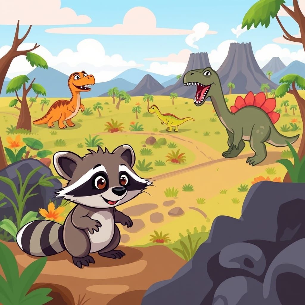Cartoon Raccoon's Prehistoric Adventure with Friendly Dinosa...