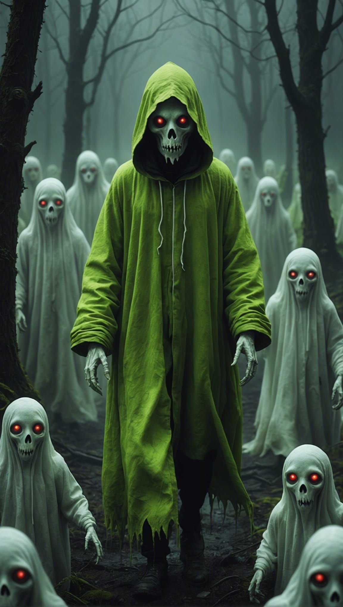 neon green soft glowing,  horror fog  surreal, many close up highly tiny walking  cute white cartoon detailed ghost   cr...