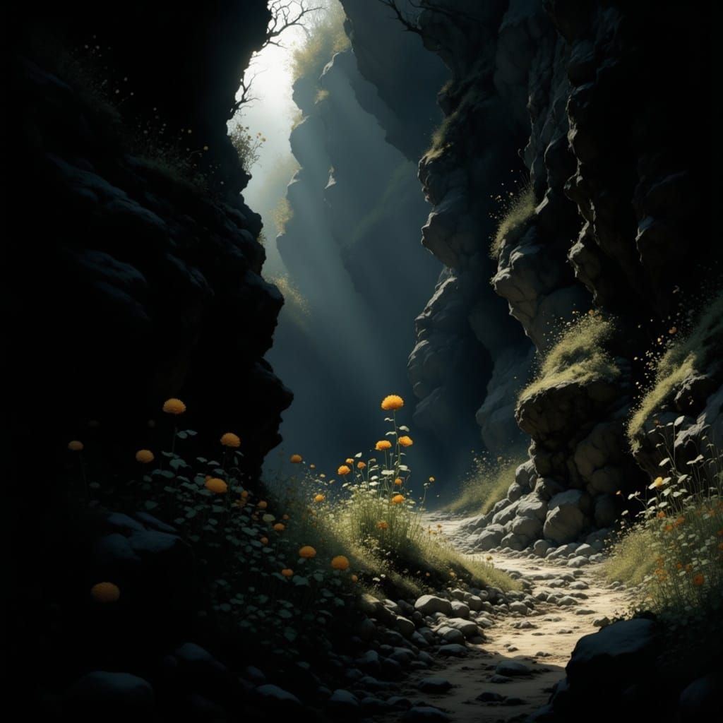 Sunlit Flowers Bloom in Dark Ravine