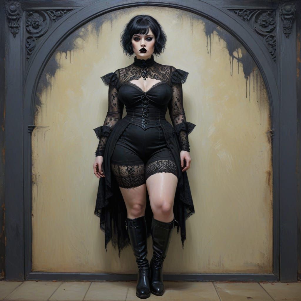 Goth Woman in Black Lace, Oil Painting