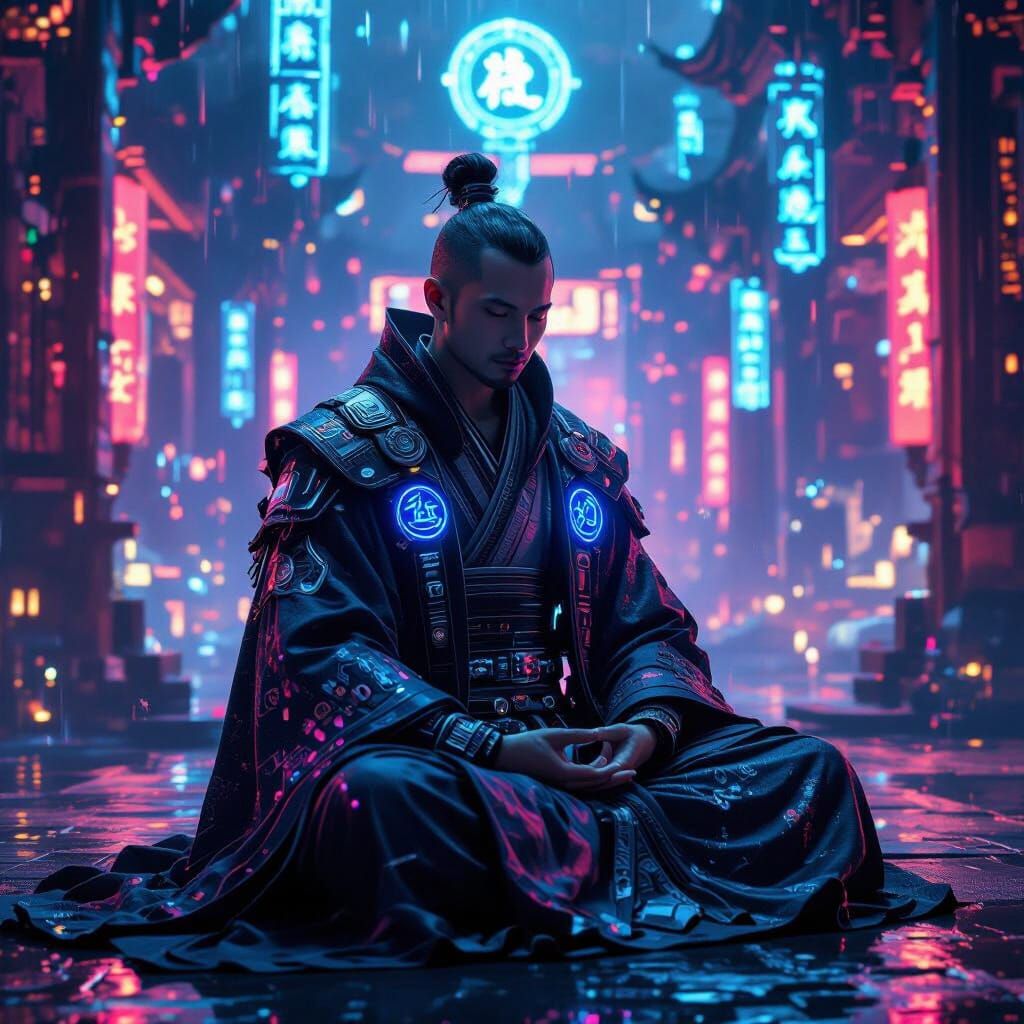 Cyberpunk Monk Meditating in Neon Temple