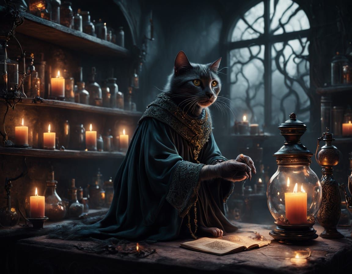 Dark Fantasy Witch in a Mystical, Cluttered Lair