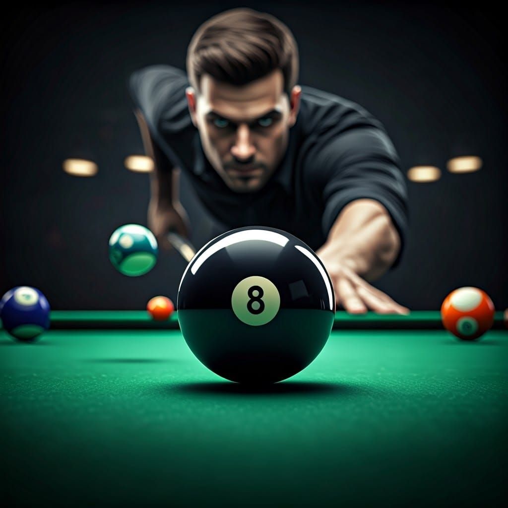 Glossy Black 8 Ball in High-Energy Pool Game Break