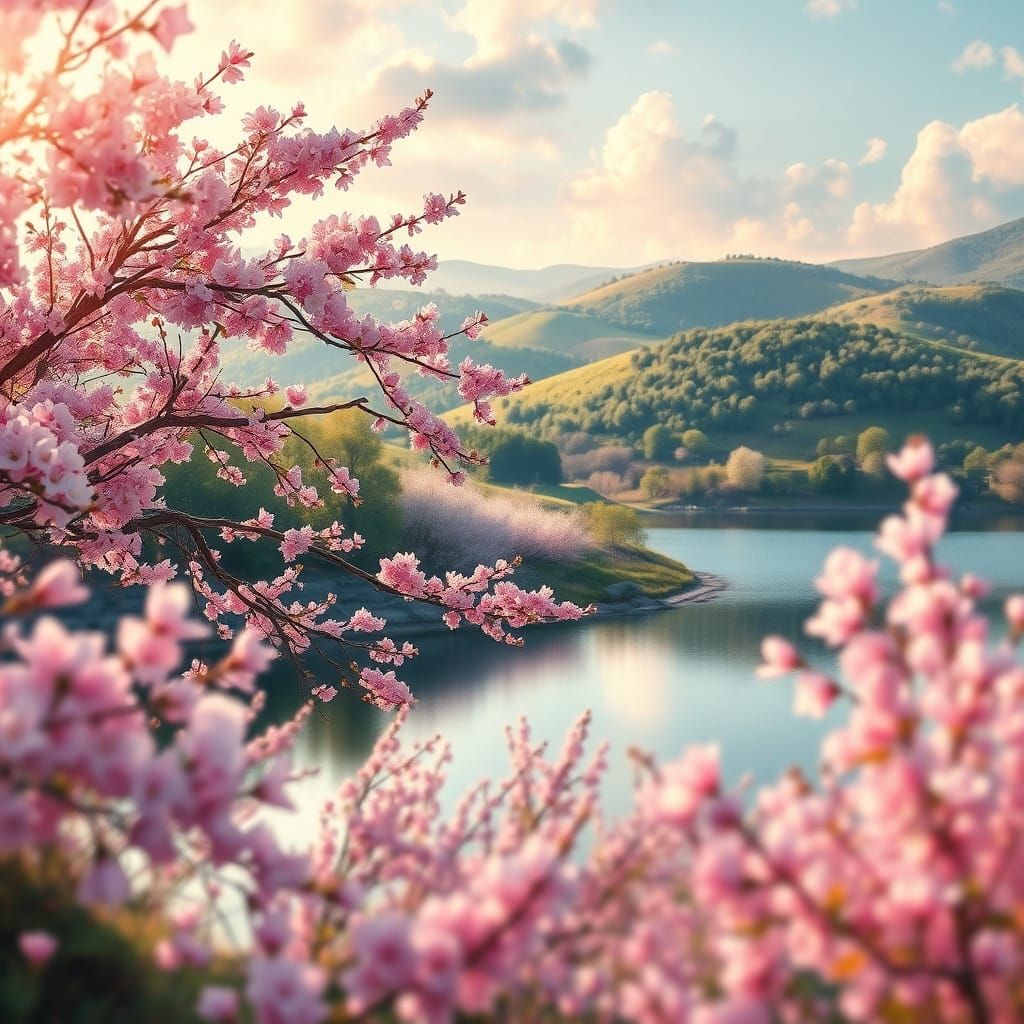 Surreal Cherry Blossom Landscape in Dreamy, Soft Focus Style