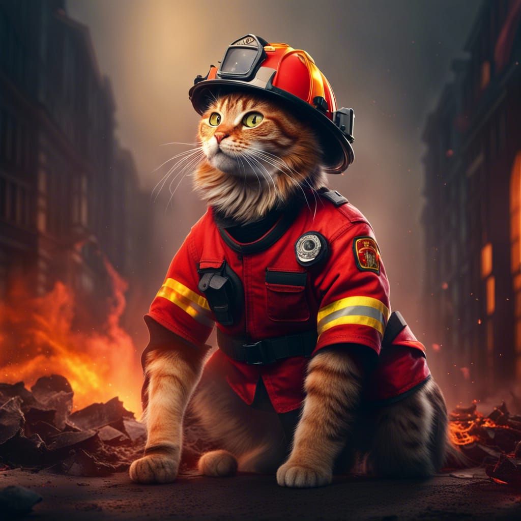 Cat Firefighter Saves Lives: Fantasy Concept Art