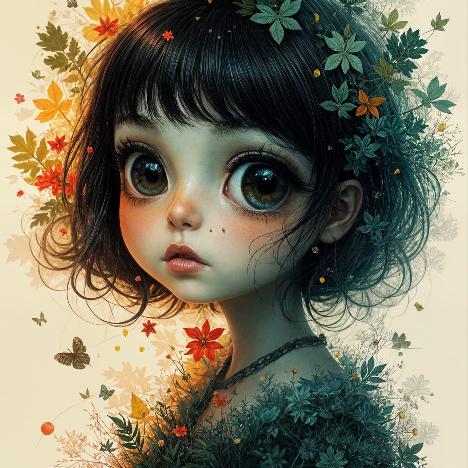 Hyper Cute Lady Portrait with Big Eyes in Pop Surrealism Sty...