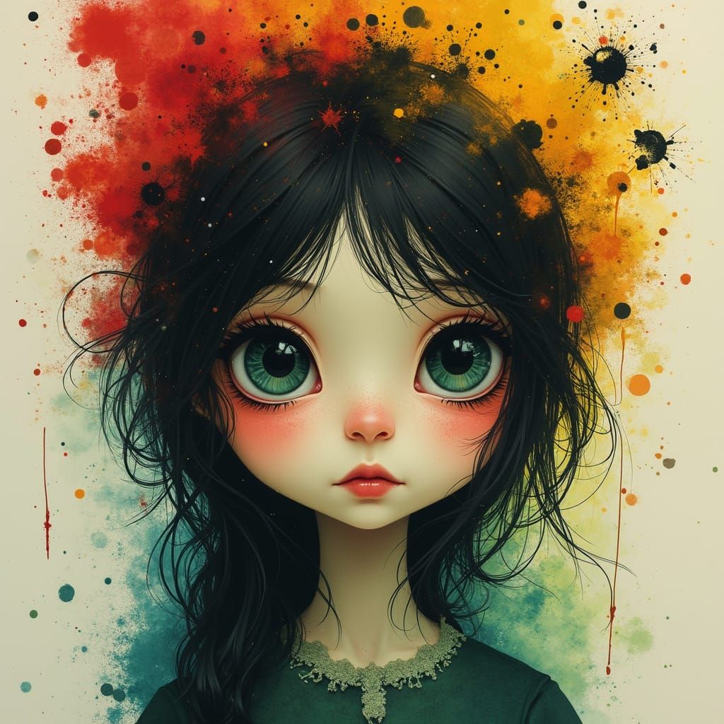 Hyper Cute Lady Portrait with Big Eyes in Pop Surrealism Sty...