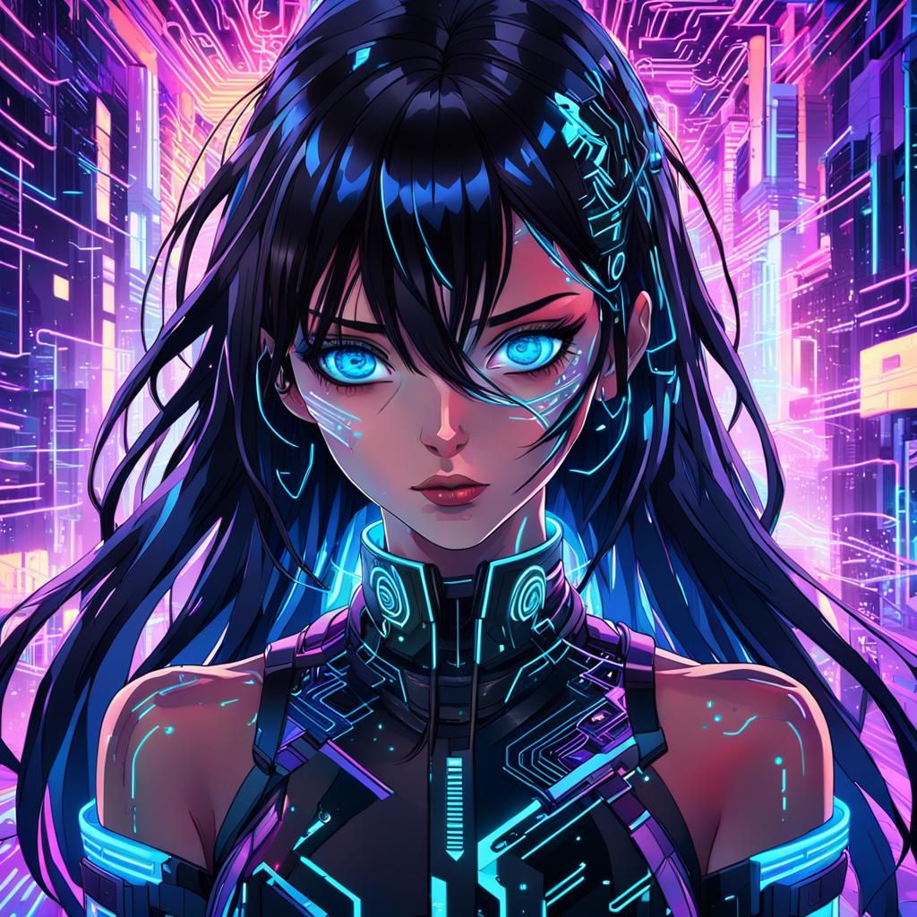 Anime Cyberpunk Goddess with Swirling Code Lines