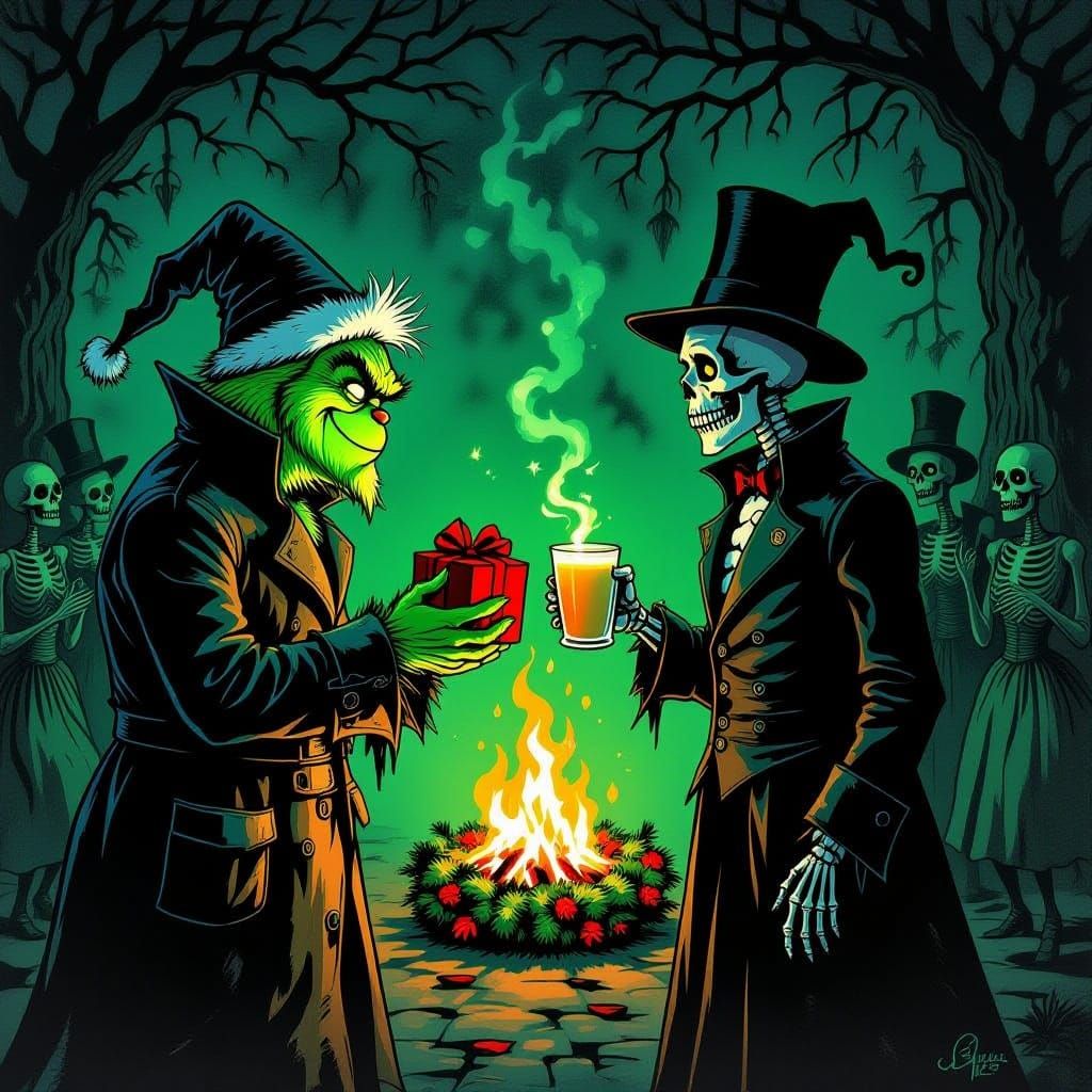 Grinch and Undertaker Exchange Gifts in Gothic Noir Scene