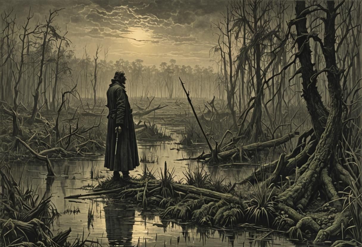 Eerie Swamp Scene with Figure in Dark Fantasy Style