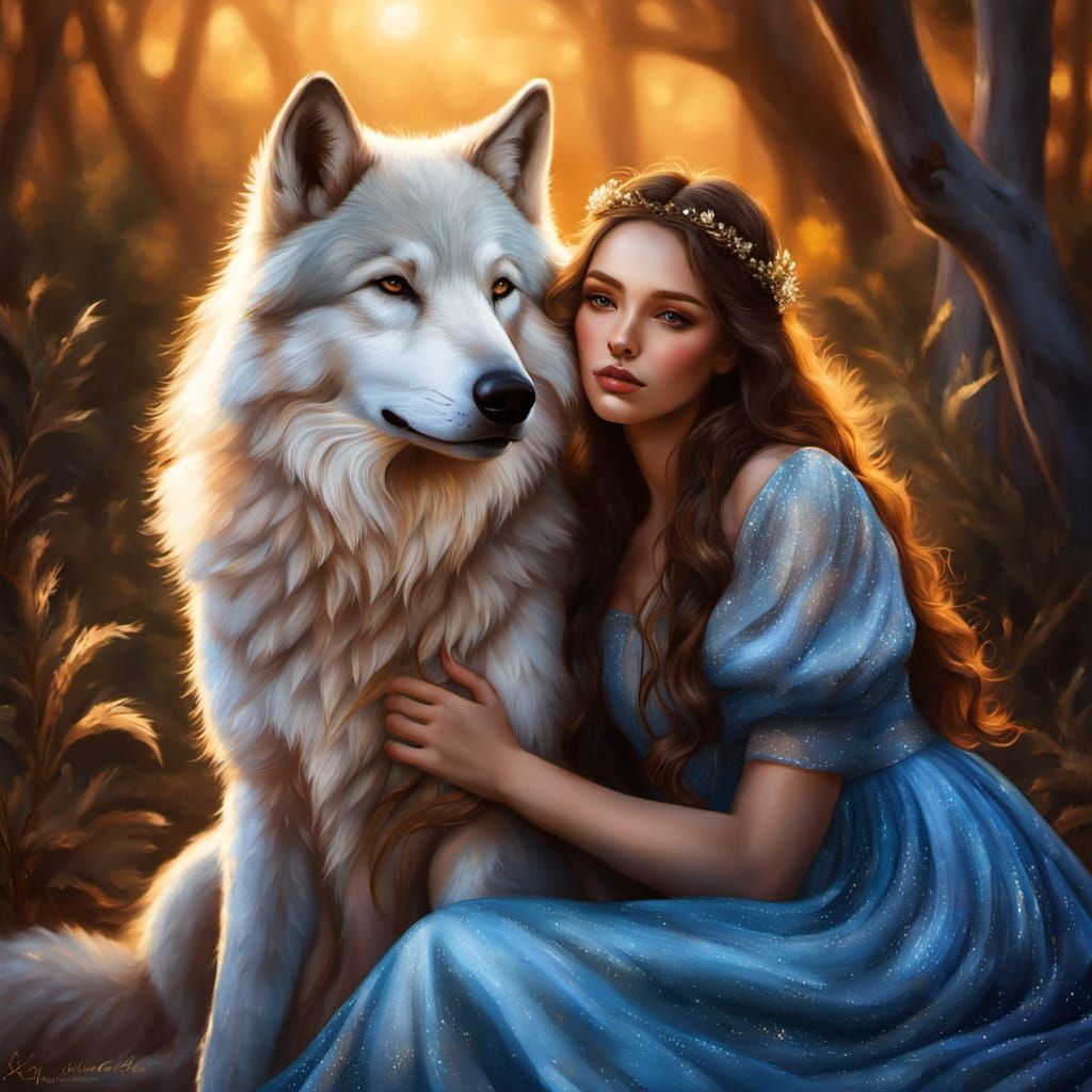 Enchanting Young Girl and White Wolf in Whimsical Australian...