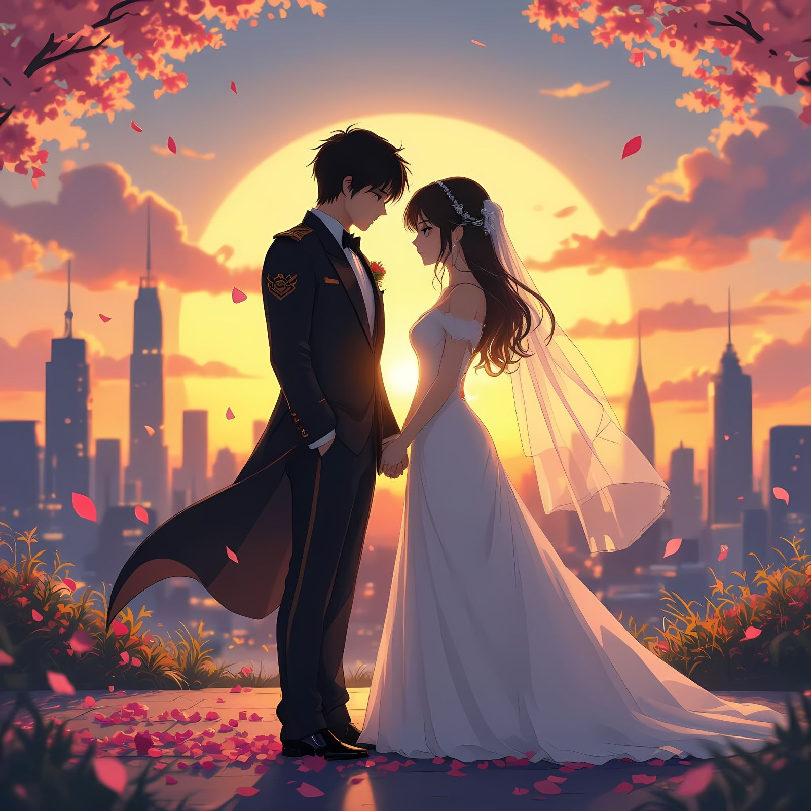 Anime Couple in Futuristic Sunset Wedding Scene
