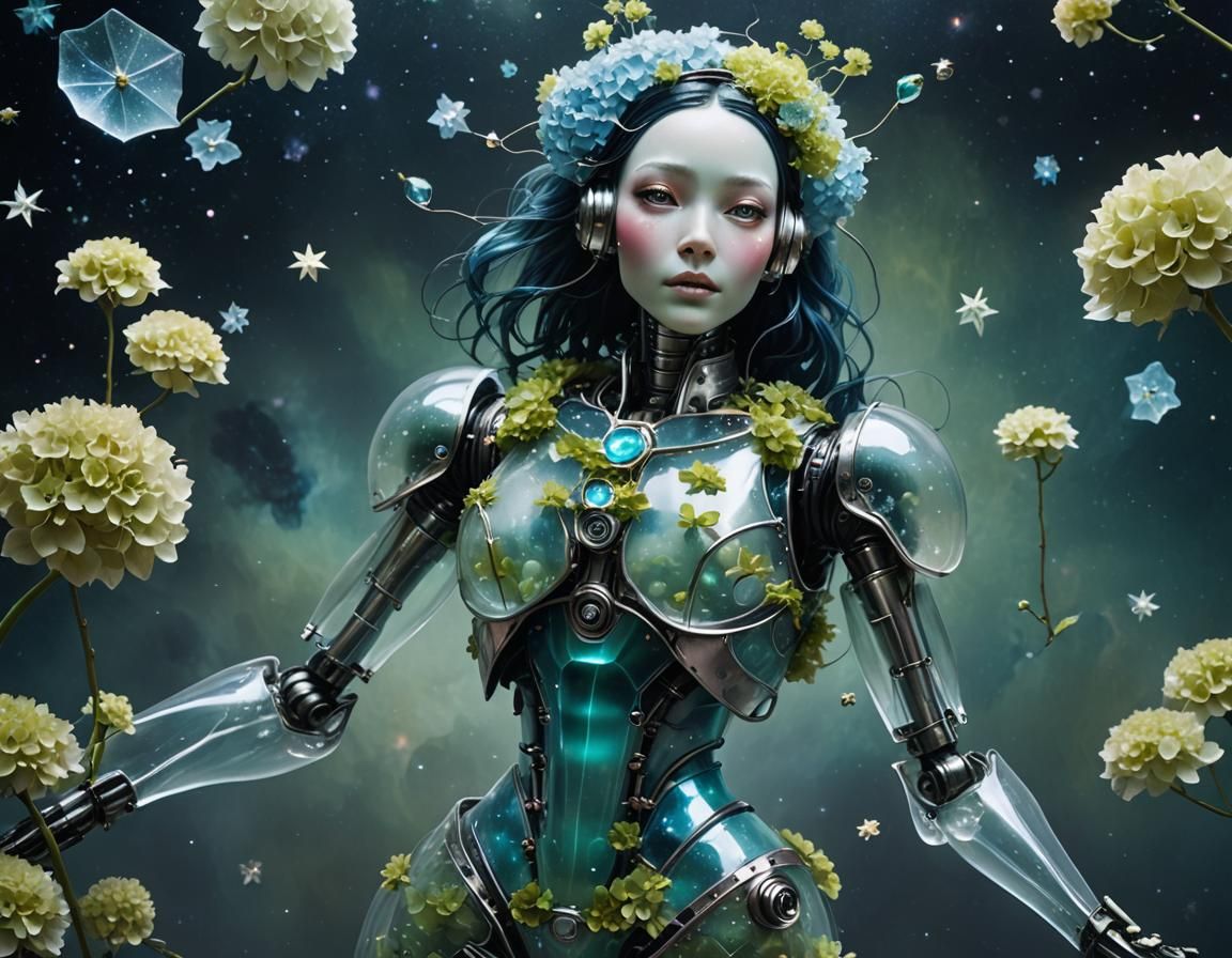 Glass Robot Woman Floating in Space