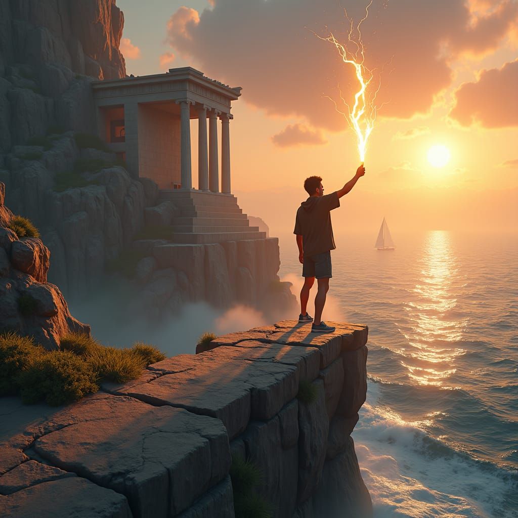 Heroic Percy Jackson Overlooking a Mystical Greek Temple