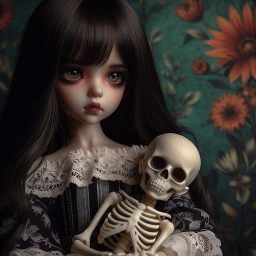 Realistic Doll Portrait in Moody Green Landscape with Floral...