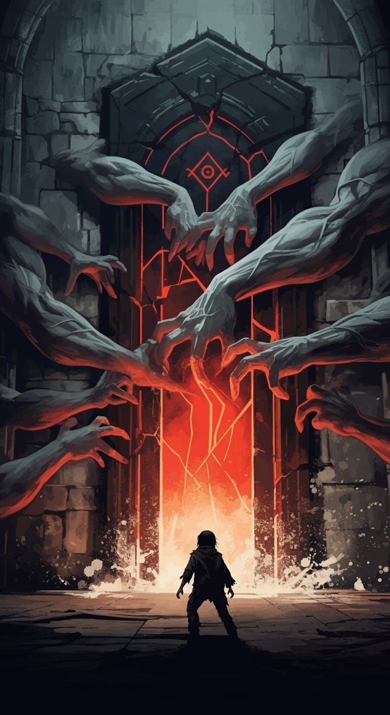 Ominous Doorway: Giant Arms Reach for Human