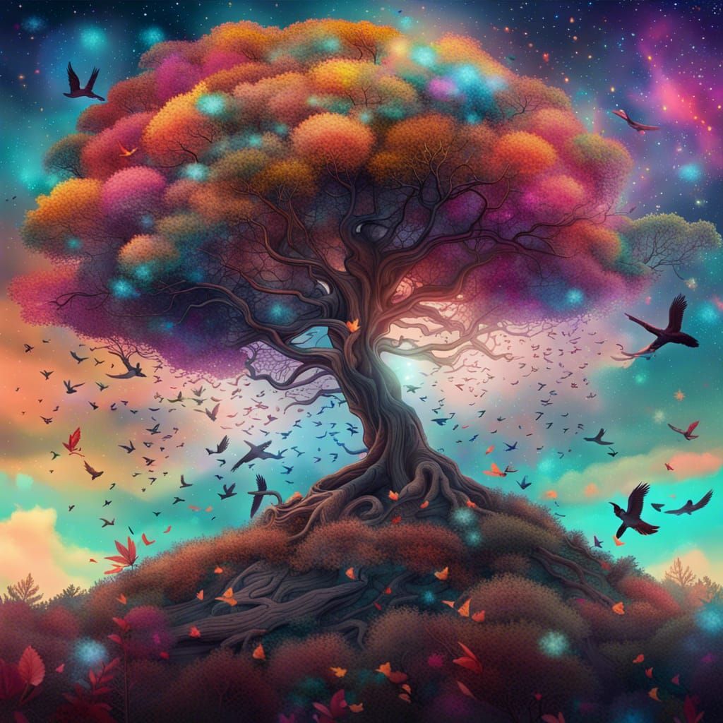 Mystical Tree Under Astral Clouds Illustration