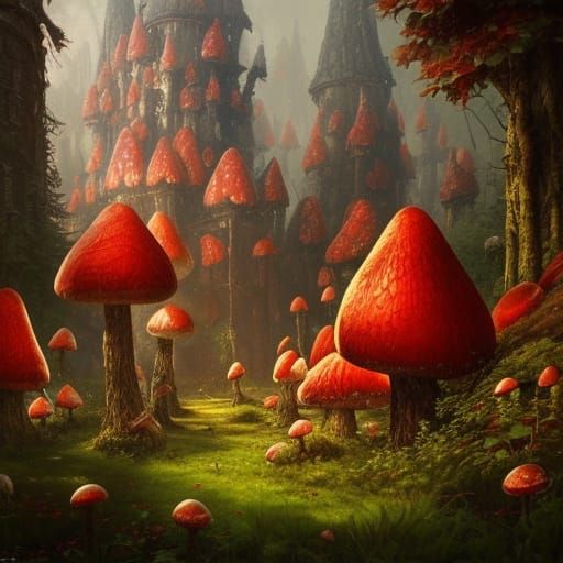 Fly Agaric Castle in Sunlit Forest