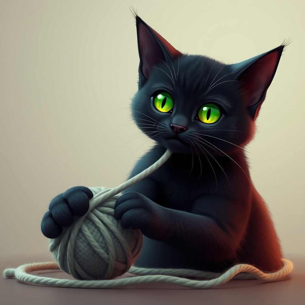 Black Cat with Green Eyes Playing Yarn: Anime 3D Art