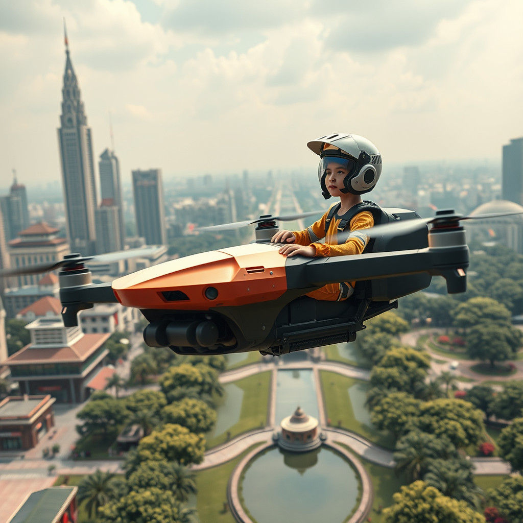 Boy Flies Drone Car Above City, Futuristic Art