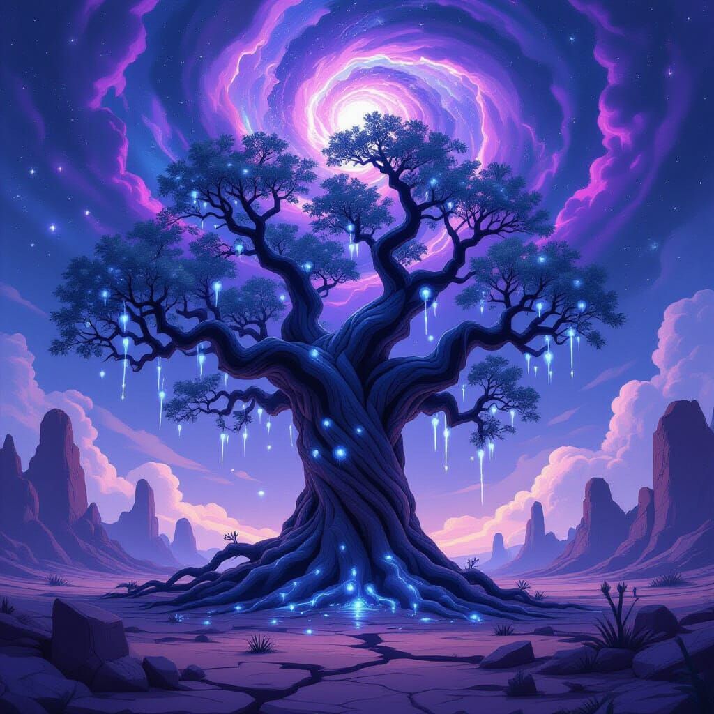 Ancient Obsidian Tree with Luminous Pearls in Alien Landscap...