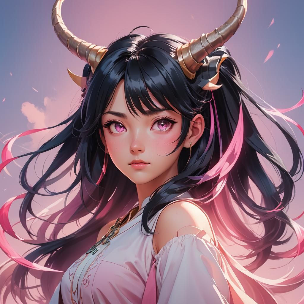 Anime Girl with Horns in Cel-Shaded Style