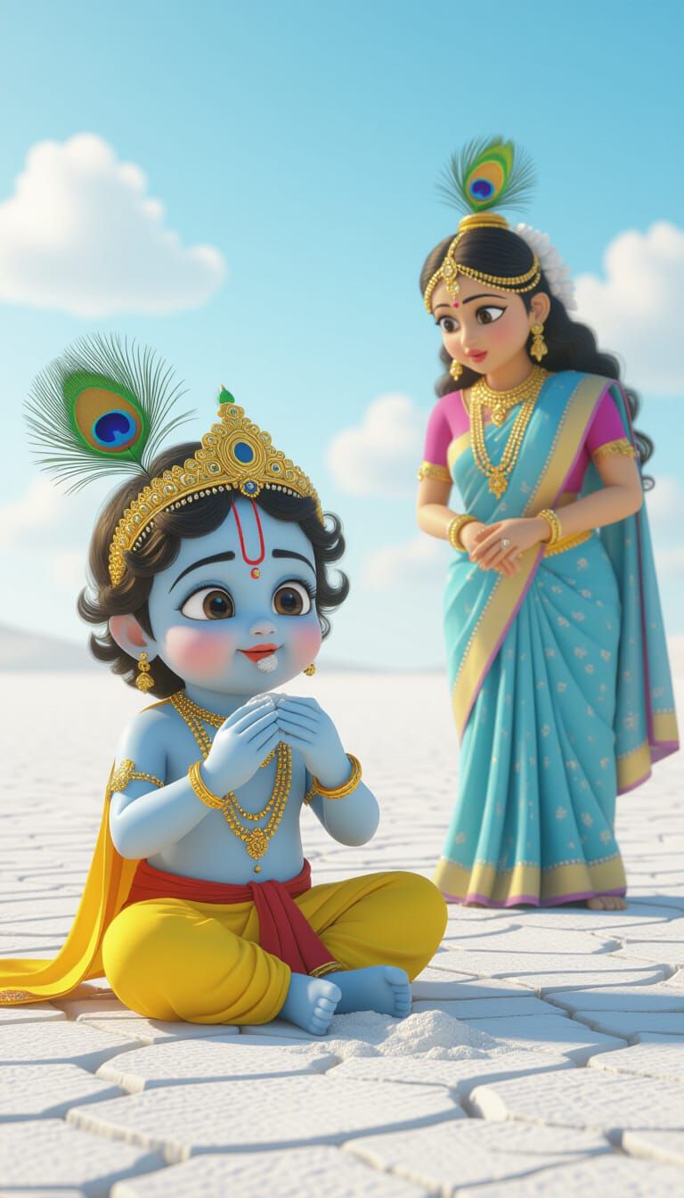 Baby Krishna Eats Soil in 3D Cartoon Divine Scene