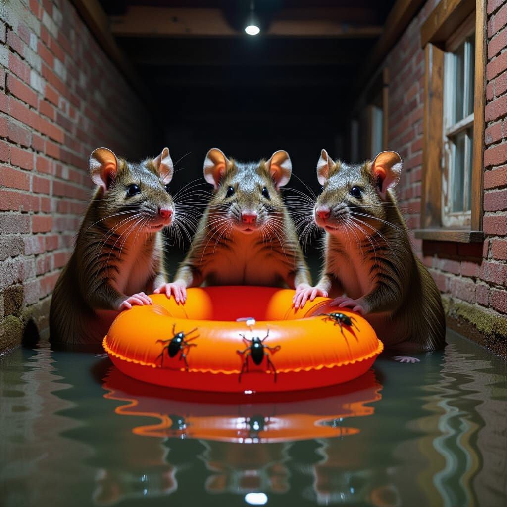 Flooded Basement Scene with Hybrid Woman-Rats