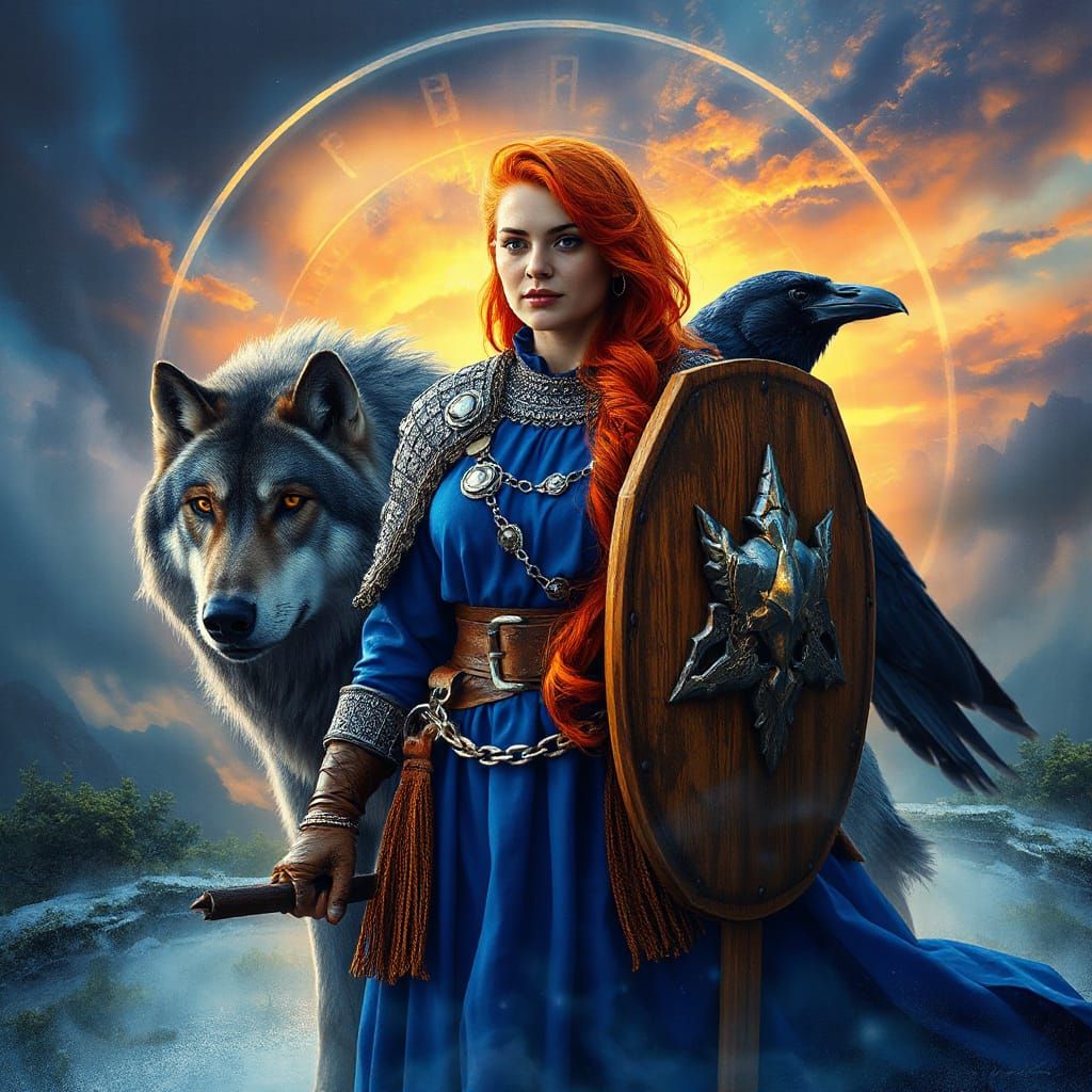 Ethereal Norse Shield Maiden in Double Exposure Art