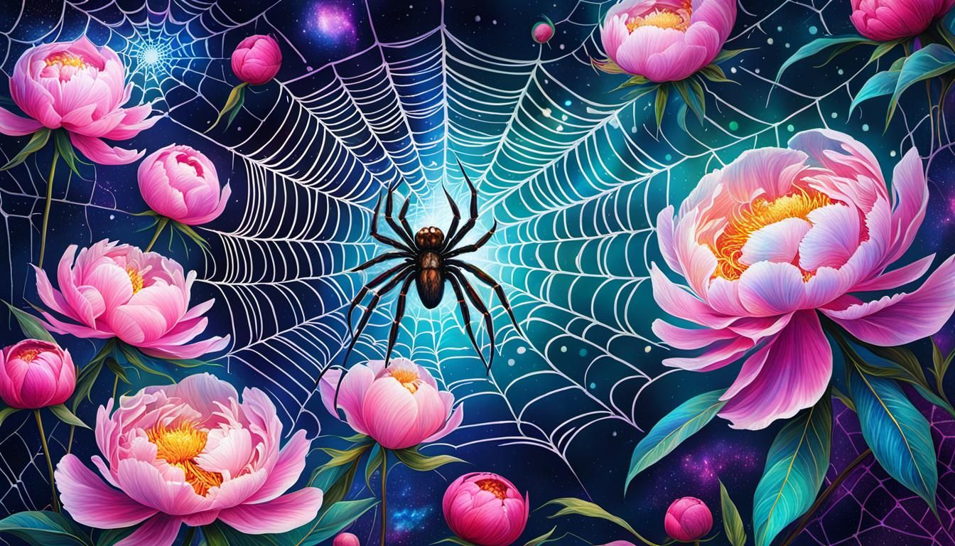 Spiderweb with Peonies in Astral Cosmic Style