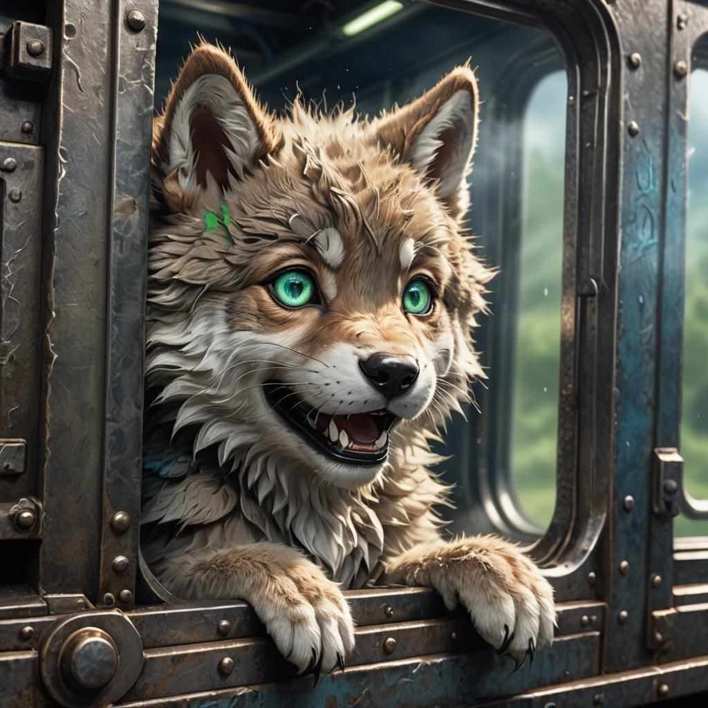 Anime Wolf Cub Laughing on Steam Train