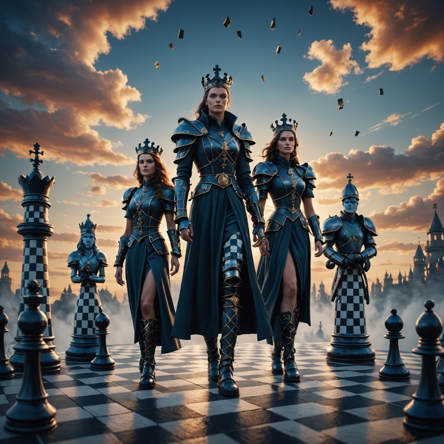 Ethereal Chessboards Unite Majestic Warriors in the Sky