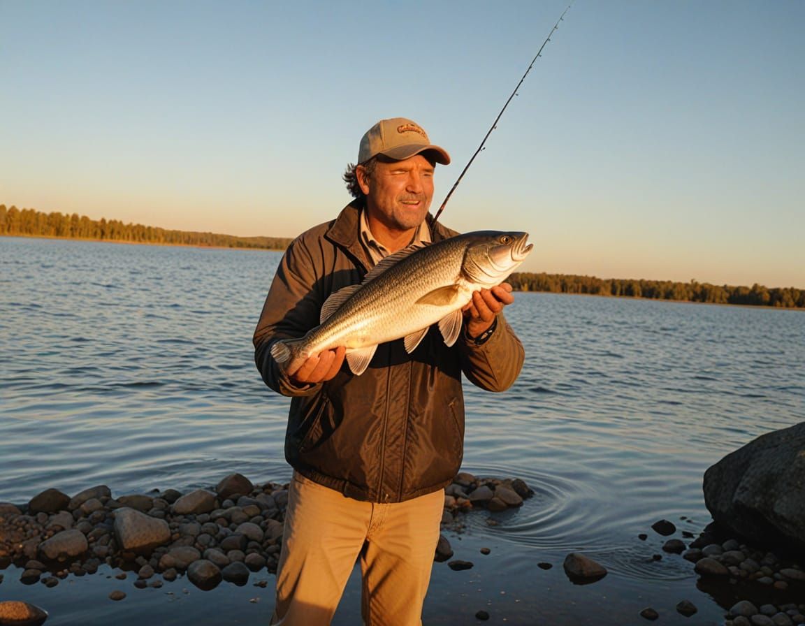 Man Reels in Large Fish at Sunset on Lake Shore