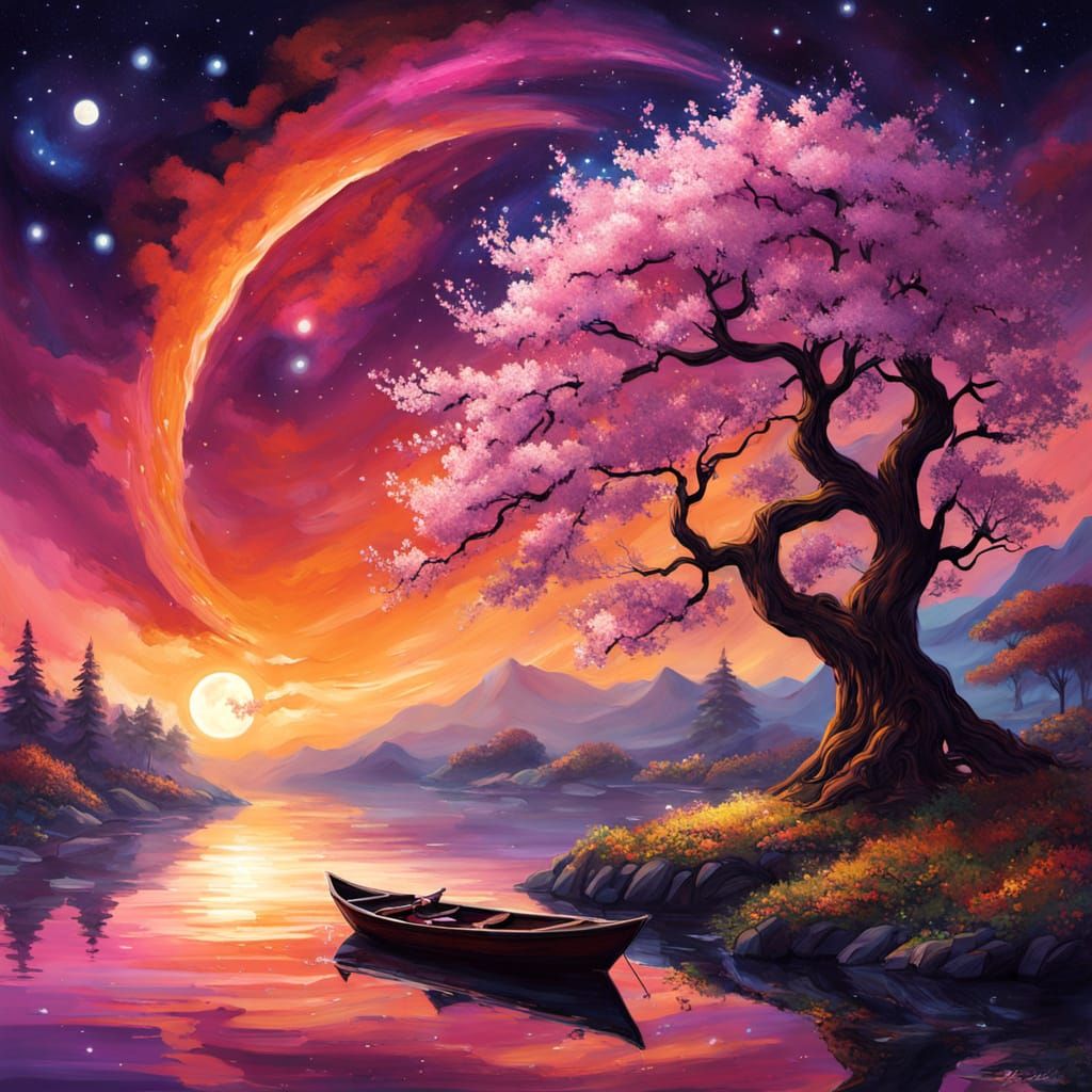 Cosmic Cherry Blossom Fantasy Landscape in Vibrant Colors