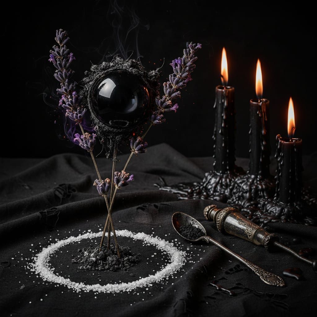 Obsidian Raven Eye and Ash Lavender in Surreal Style