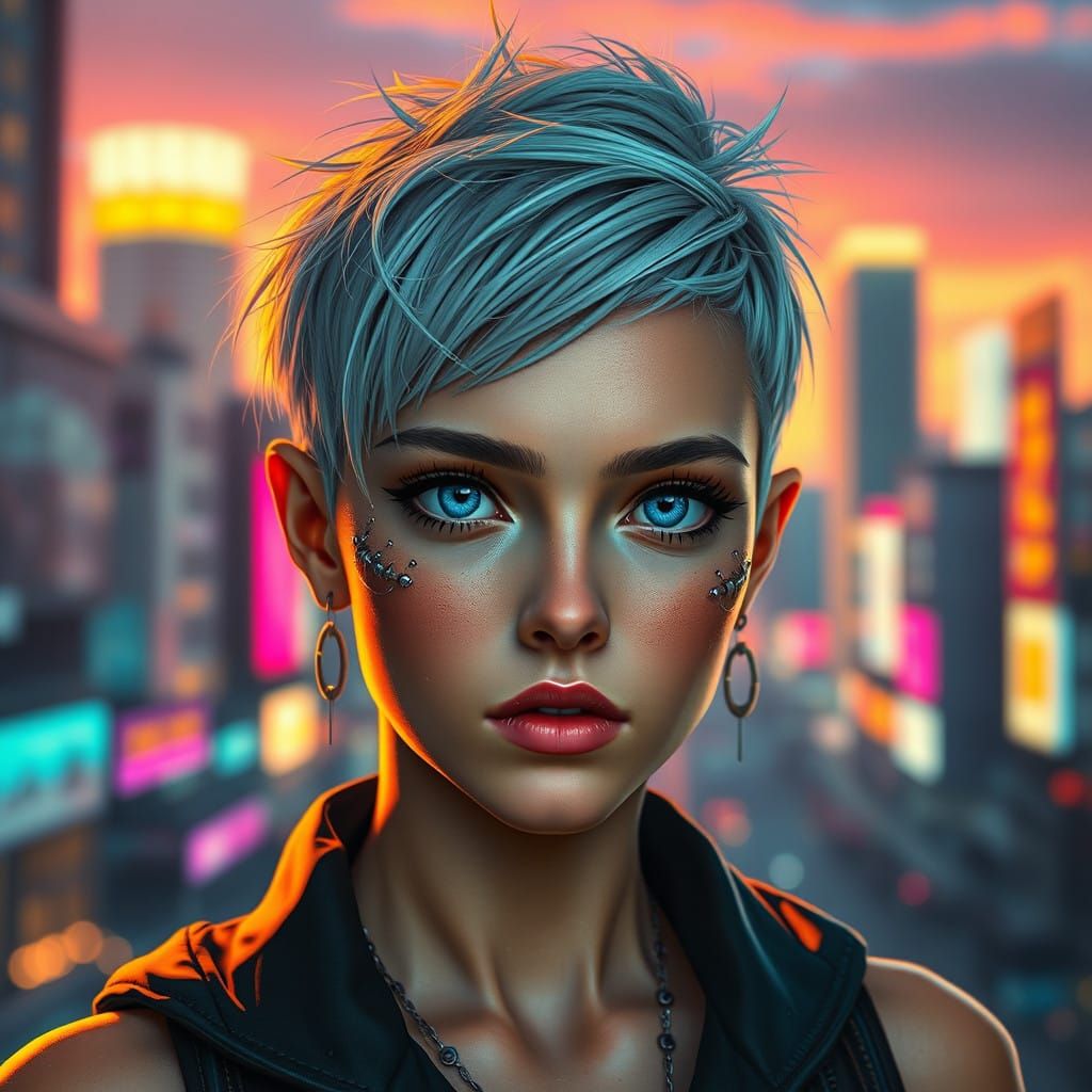 Cyberpunk Goddess Leans in with Intense Gaze, Among Neon Cit...