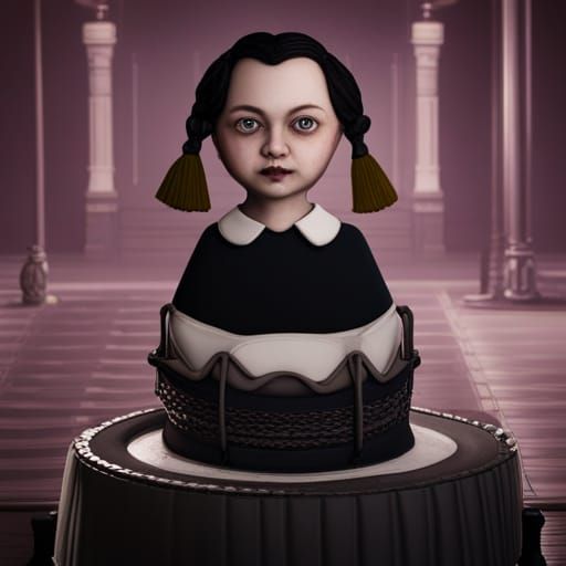 A cake decorated to look like Wednesday Addams.