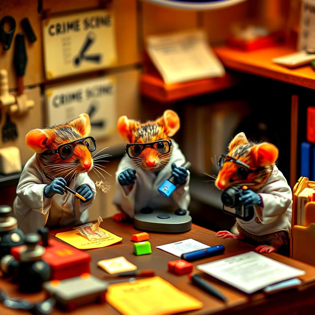 Mice Crime Scene Investigators in Whimsical Miniature Lab