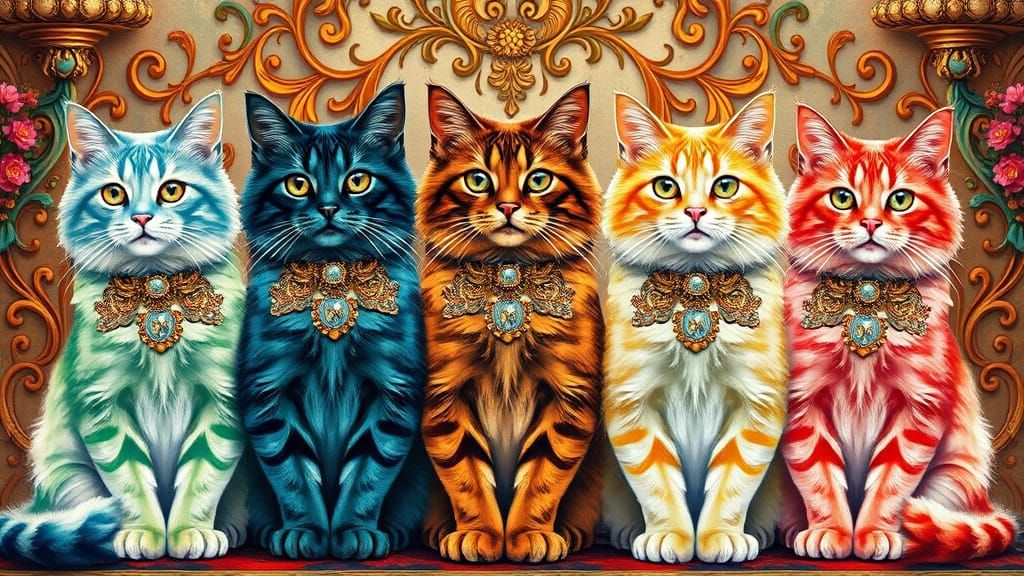 Whimsical Art Nouveau Feline Gathering in Vibrant Colors
