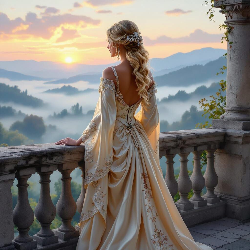 Ethereal Woman in Silk Gown, Impressionistic Style