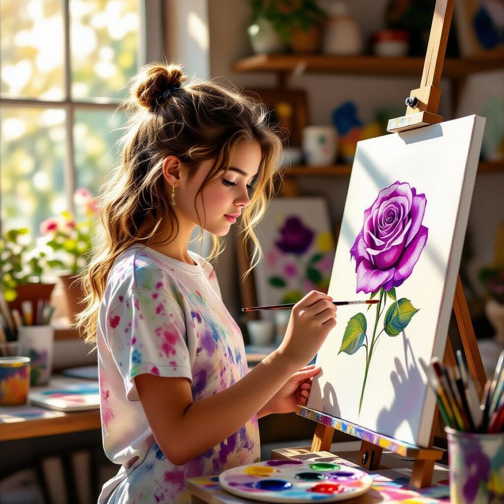 Girl Paints Vibrant Purple Glass Rose in Impressionistic Sty...