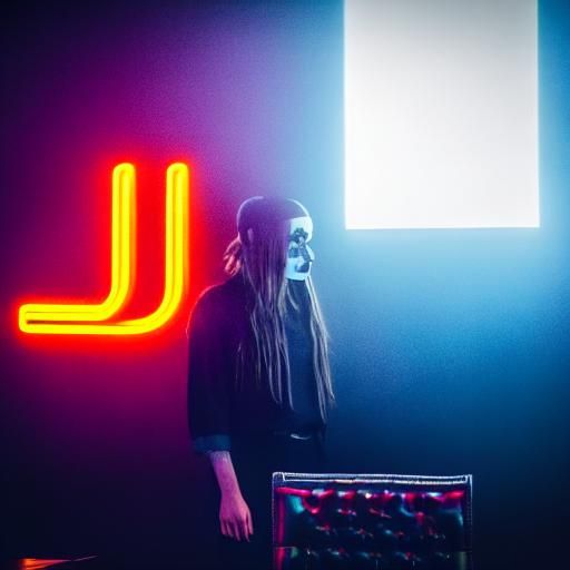 Goth Model in Neon-Lit Cyberpunk Coffee Shop