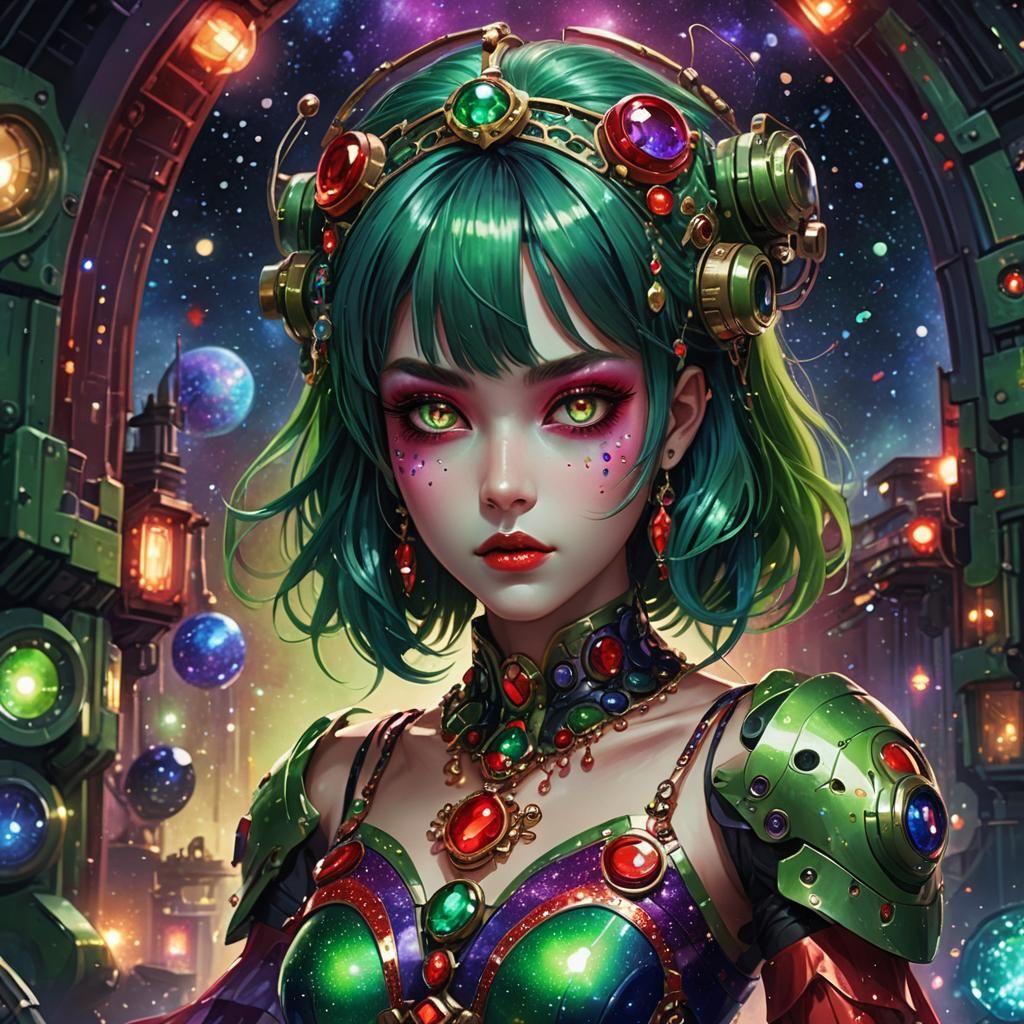 Green Robot Girl in Galaxy, Fantasy Concept Art