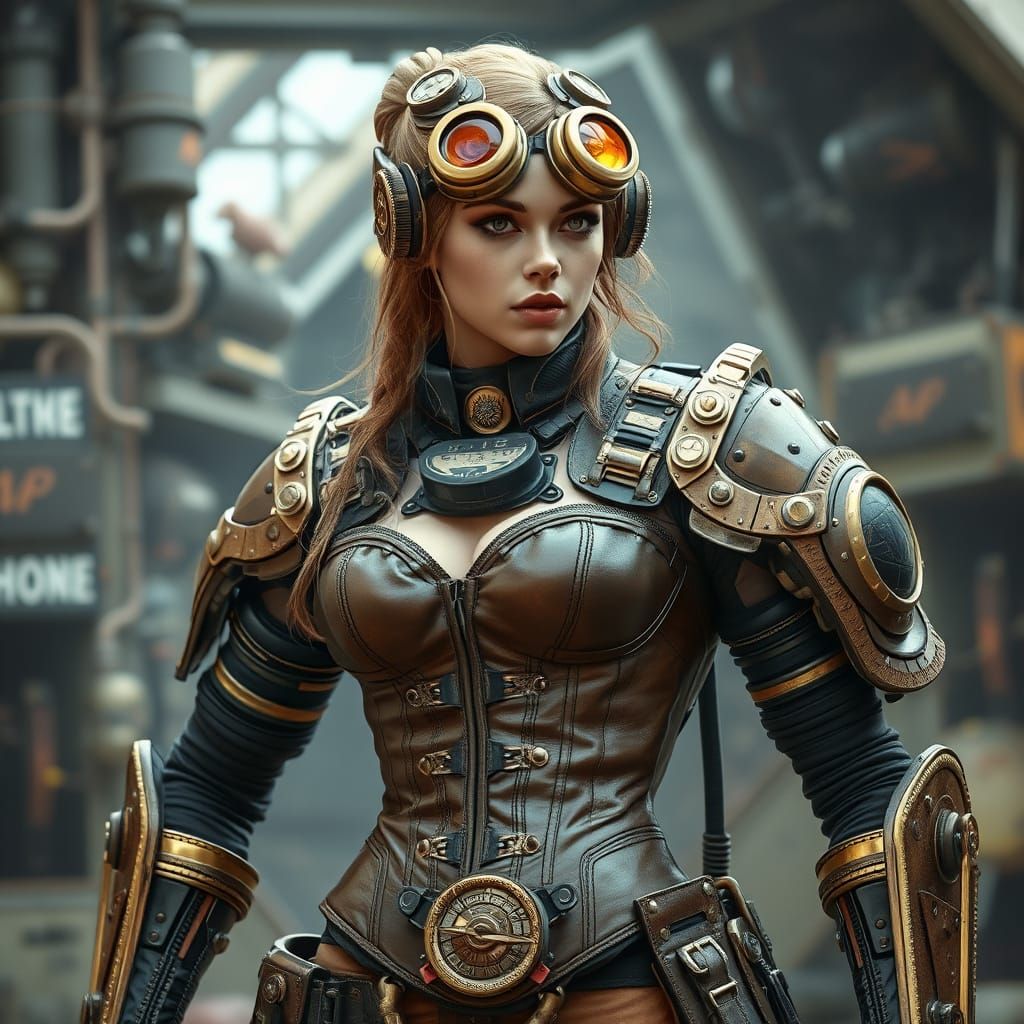 Steampunk Cybernetic Warrior in Victorian Sci-Fi Style