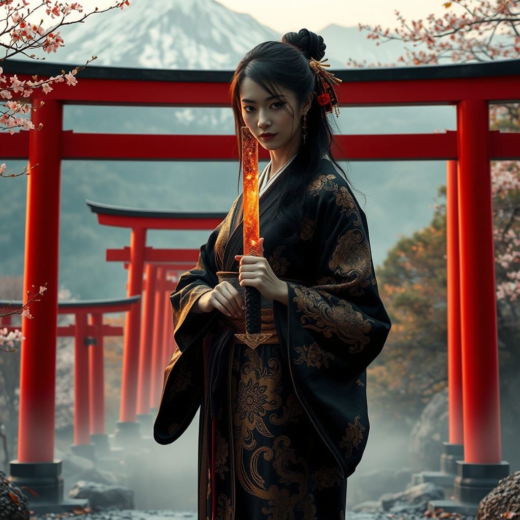 A Woman in a Resplendent Black Kimono, Holding a Katana, Ami...