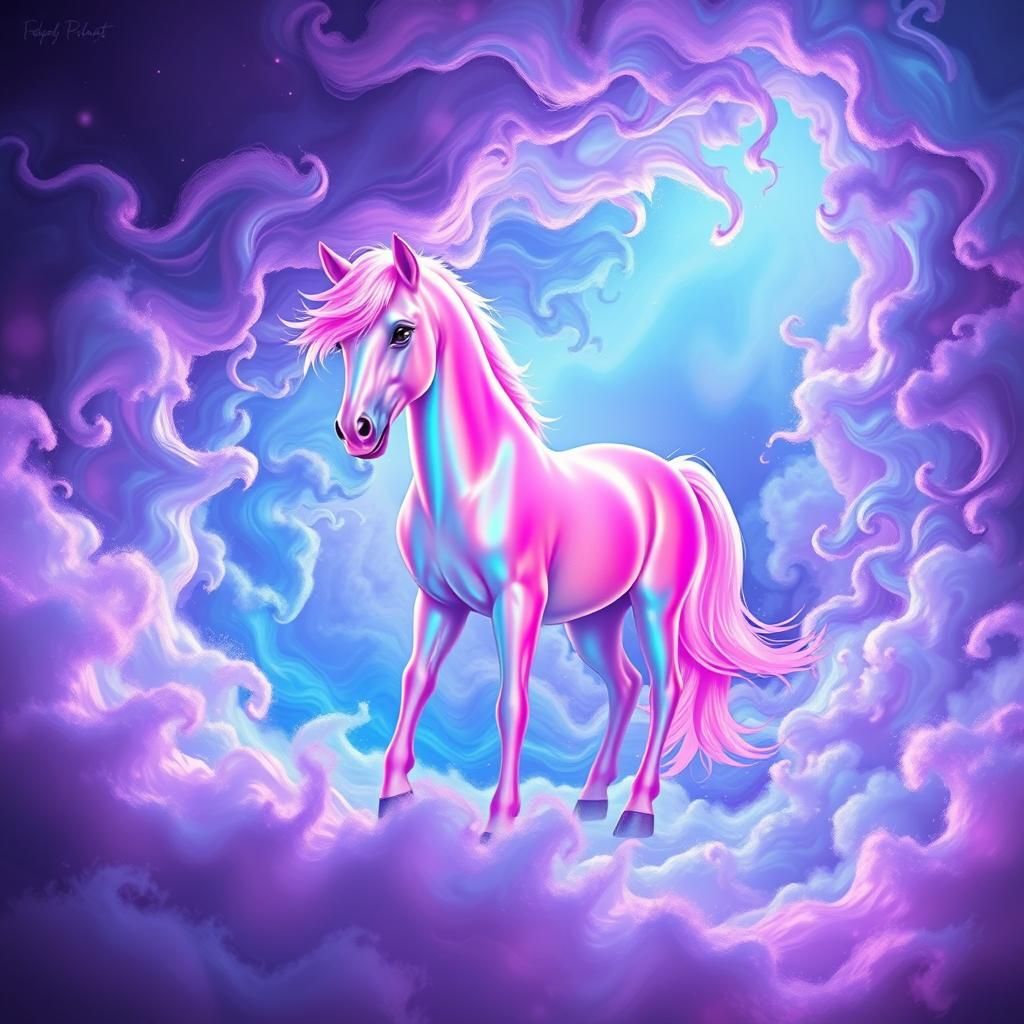 Iridescent Pastel Pink Pony in Psychedelic Scene