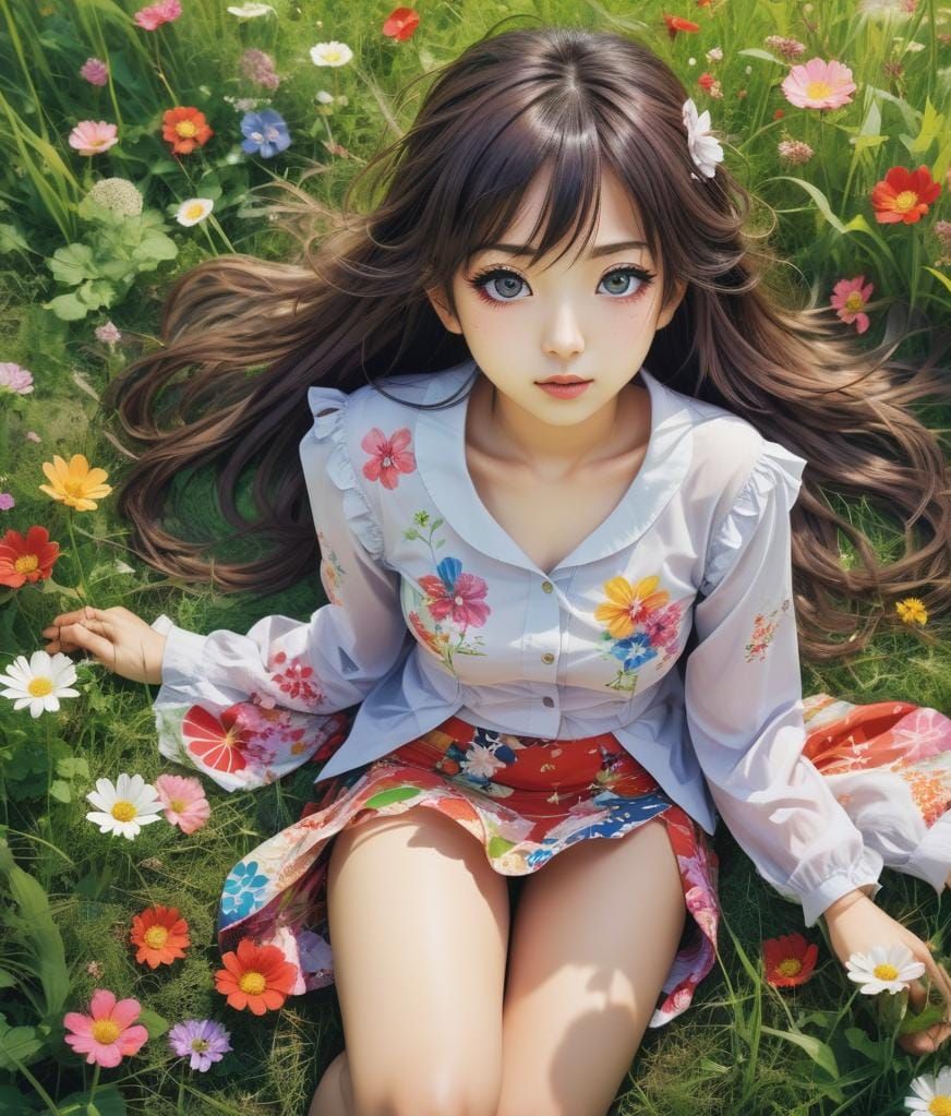 Girl on Meadow in Japanese Manga Style