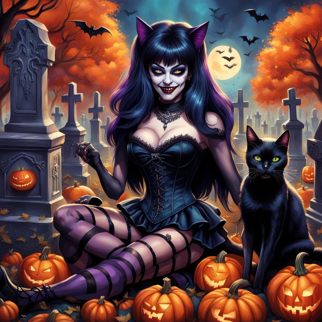 Elvira Laughing with Black Cat in Cemetery