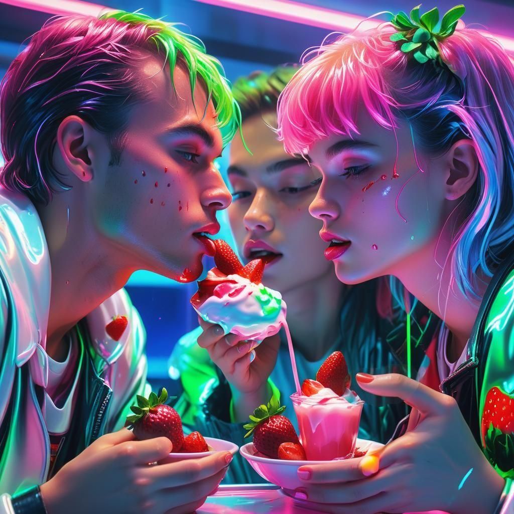Couple Enjoying Strawberries and Cream in Neon Kitchen